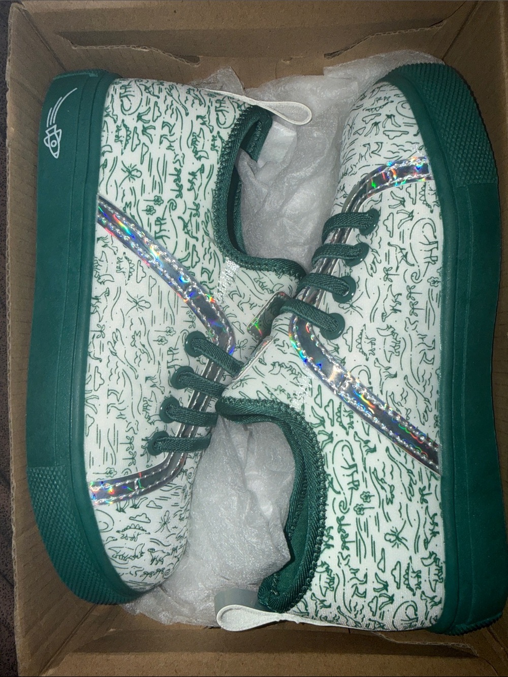 Green & White Doodle Low-Top Sneakers with Holographic Accent